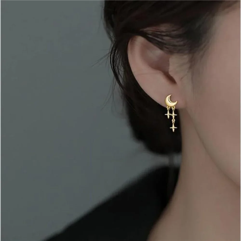 Star & Moon Stud Earrings – Rhodium/Gold Hypoallergenic - Picture 3 of 6